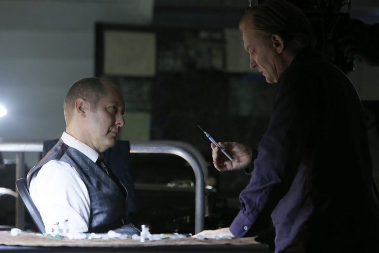 THE BLACKLIST -- "Dr. Adrian Shaw (#98): Conclusion" Episode 408 -- Pictured: (l-r) James Spader as Raymond "Red" Reddington, Ulrich Thomsen as Alexander Kirk -- (Photo by: Will Hart/NBC)